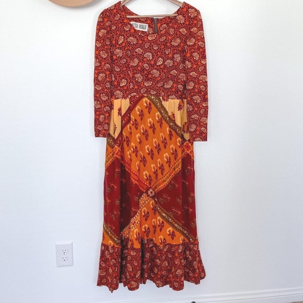 Vintage Mister Robert Paisley Patchwork Maxi Dress Long Sleeve Boho Chic Medium